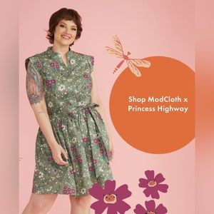 NWT ModCloth x Princess Highway Green Floral Dragonfly A-Line Dress Size 12